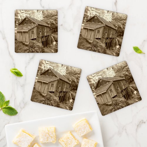 Vintage Wooden Grist Mill Sepia Tinted Coaster Set