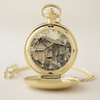 Vintage Wooden Grist Mill Sepia Tinted Photo Pocket Watch