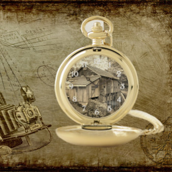 Vintage Wooden Grist Mill Sepia Tinted Pocket Watch by northwestphotos at Zazzle