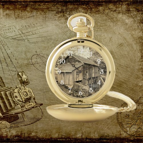 Vintage Wooden Grist Mill Sepia Tinted Pocket Watch