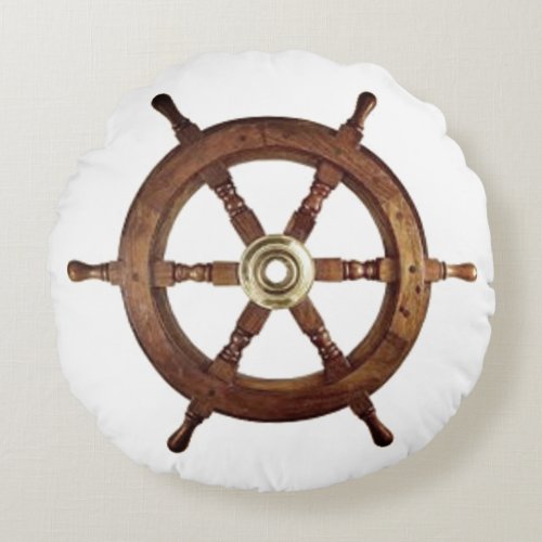 Vintage Wooden Ship Wheel Round Pillow