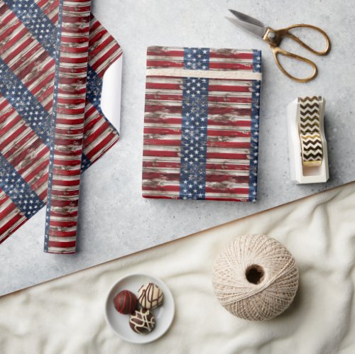 Vintage wooden texture USA flag patriotic July 4 Wrapping Paper