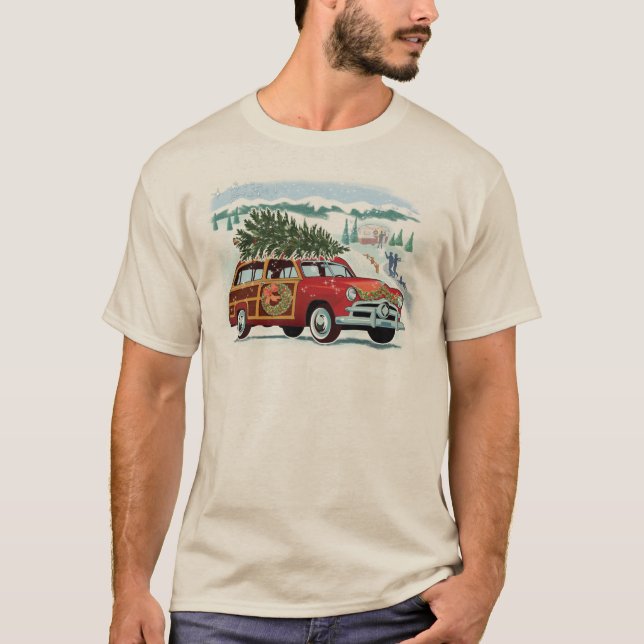 Vintage Woodie Wagon + Christmas Tree T Shirt (Front)
