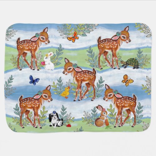 Vintage Woodland Animals Fawn Bunny Duck Puppy Baby Blanket