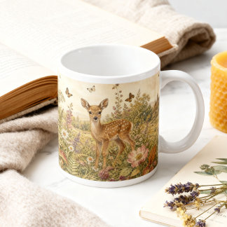 Vintage Woodland Botanical Deer Cottagecore Giant Coffee Mug