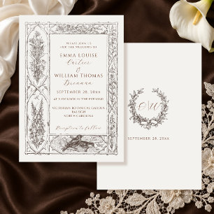 Vintage Woodland Botanical Ivory Brown Wedding Invitation