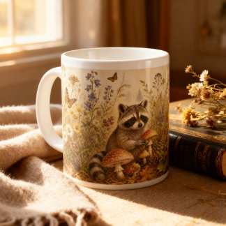 Vintage Woodland Botanical Raccoon Cottagecore Giant Coffee Mug