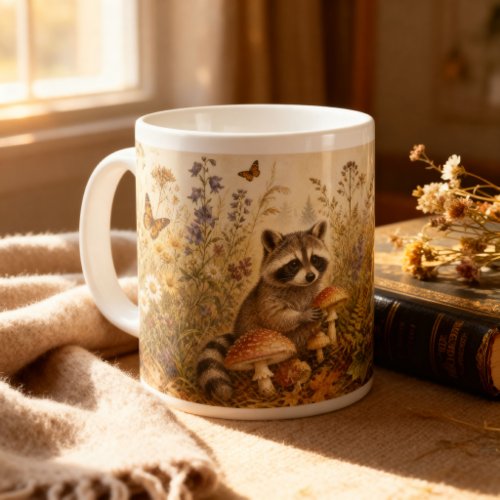 Vintage Woodland Botanical Raccoon Cottagecore Giant Coffee Mug