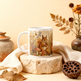 Vintage Woodland Botanical Squirrel Cottagecore Giant Coffee Mug