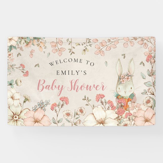 Vintage Woodland Bunny Girl Welcome Baby Shower Banner (Horizontal)