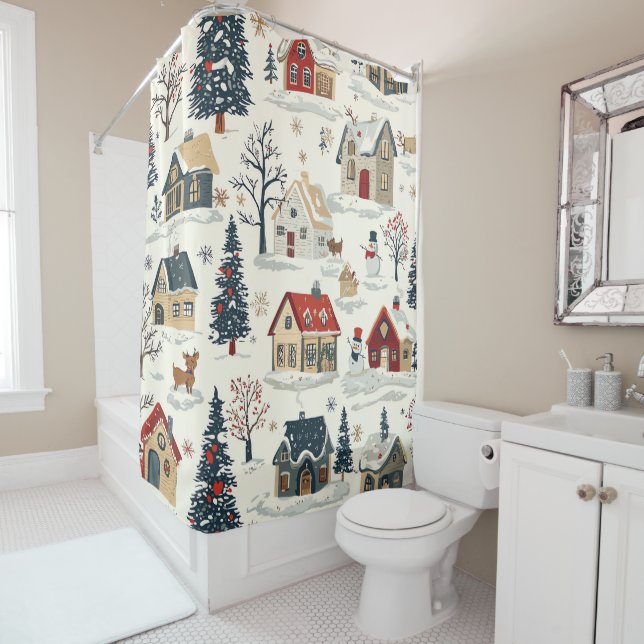 Vintage Woodland Christmas Pattern (11) Shower Curtain (In Situ)