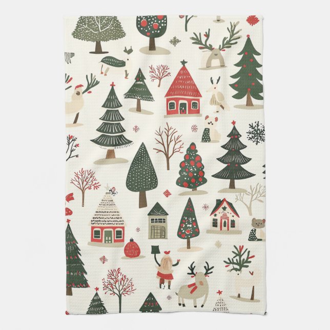 Vintage Woodland Christmas Pattern (17) Kitchen Towel (Vertical)