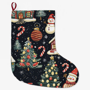Vintage Woodland Christmas Pattern (5) Large Christmas Stocking