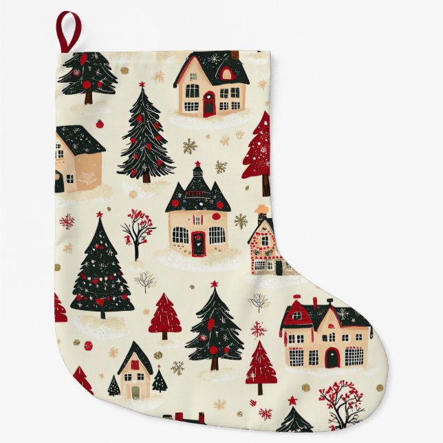 Vintage Woodland Christmas Pattern (9) Large Christmas Stocking (Front)