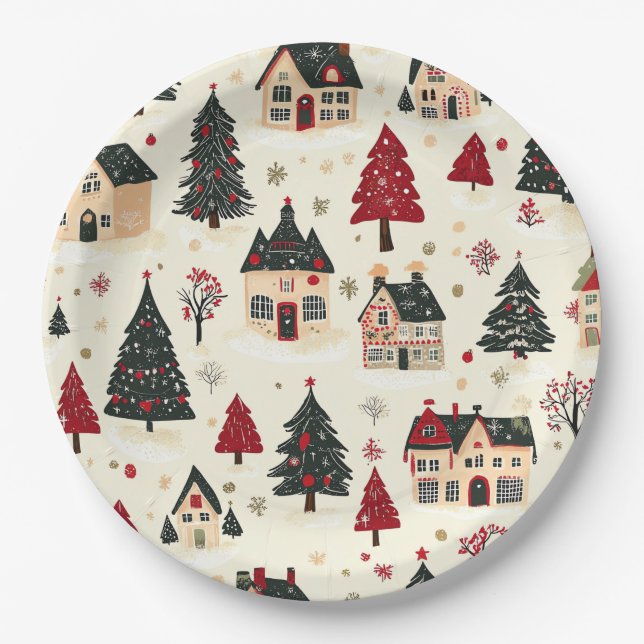 Vintage Woodland Christmas Pattern (9) Paper Plates (Front)