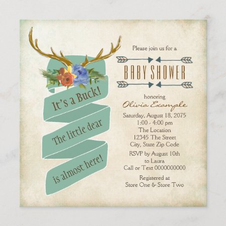 Vintage Woodland Deer Antler Baby Shower Invitation