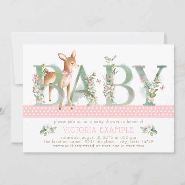 Vintage Woodland Deer Baby Girl Shower Invitations (Front)