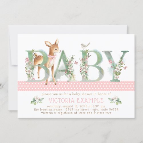 Vintage Woodland Deer Baby Girl Shower Invitations