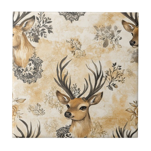 Vintage Woodland Deer Pattern Ceramic Tile (Front)