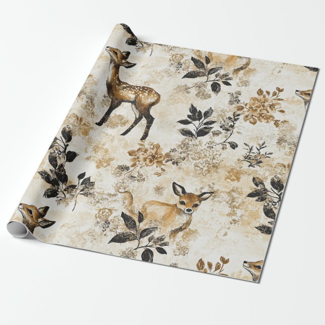 Vintage Woodland Deer Pattern Wrapping Paper (Unrolled)