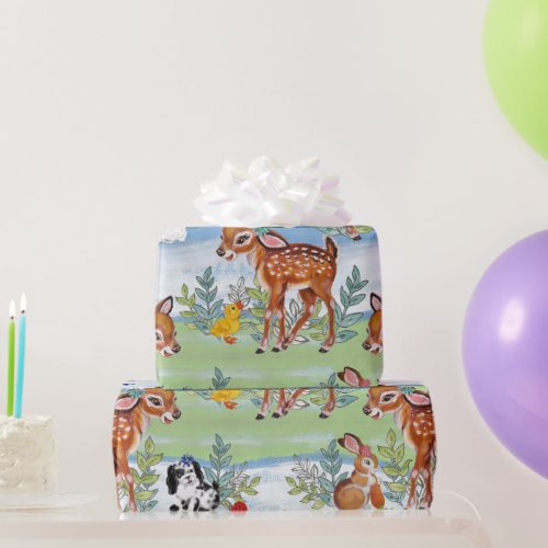 Vintage Woodland Fawn Bunny Duck Puppy Child Baby Wrapping Paper
