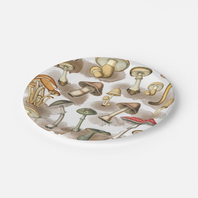 Vintage Woodland Forest Mushrooms Paper Plates (Angled)