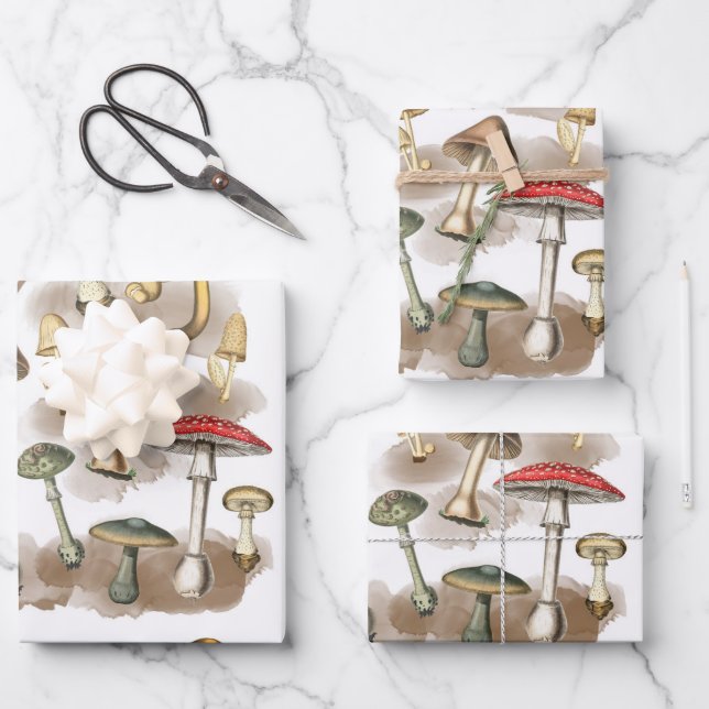 Vintage Woodland Forest Mushrooms Wrapping Paper Sheets (Front)