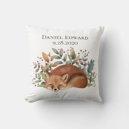 Vintage Woodland Fox Birth Announcement Throw Pillow
