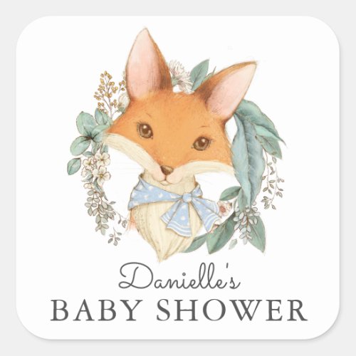 Vintage Woodland Fox Blue Baby Shower Square Sticker
