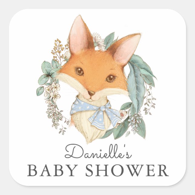 Vintage Woodland Fox Blue Baby Shower Square Sticker (Front)
