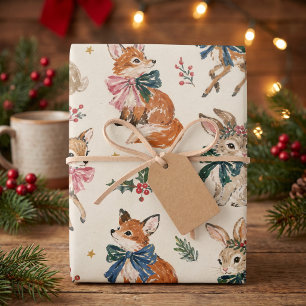 Vintage Woodland Fox Bunny and Deer Christmas Wrapping Paper Sheets