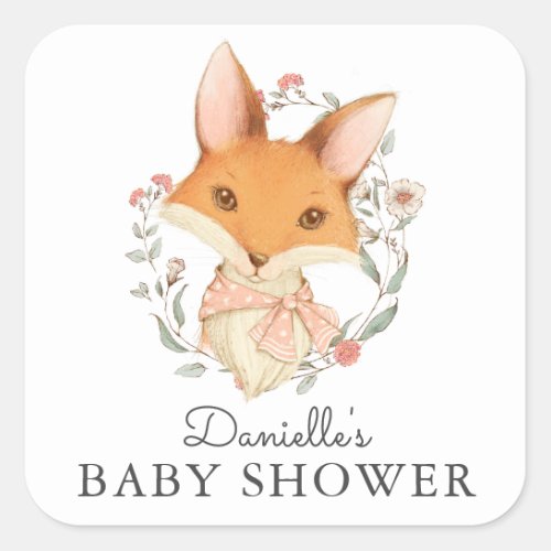 Vintage Woodland Fox Pink Baby Shower for Girl Square Sticker