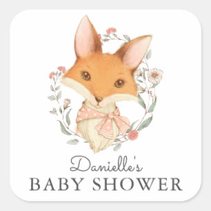Vintage Woodland Fox Pink Baby Shower for Girl Square Sticker