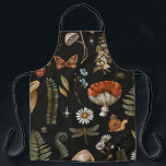 Vintage woodland nature seamless pattern. Amanita  Apron<br><div class="desc">Vintage woodland nature seamless pattern. Amanita mushroom,  fern,  forest plants witchcraft wallpaper. Botanical texture on black background. 
mushroom, witchcraft, botanical, flower, forest, moss, pagan, plant, seamless, witch, autumn, background, botany, branch, cottage core, decor, decoration, decorative, dragonfly, drawing, vintage, retro, illustration</div>