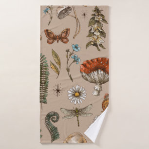 Vintage woodland nature seamless pattern. Amanita Bath Towel