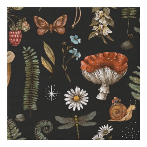 Vintage woodland nature seamless pattern Amanita  Faux Canvas Print