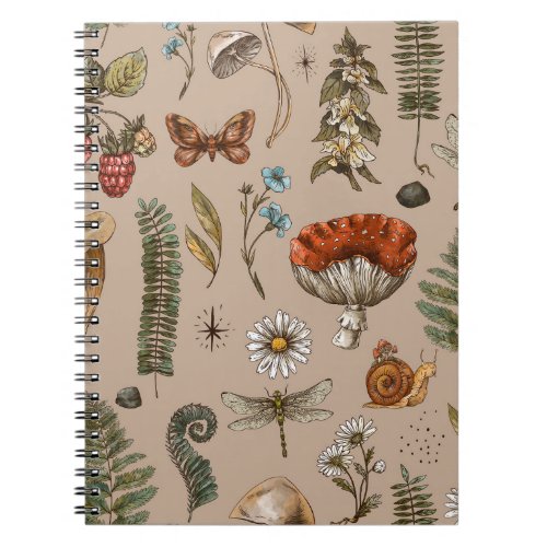 Vintage woodland nature seamless pattern Amanita  Notebook