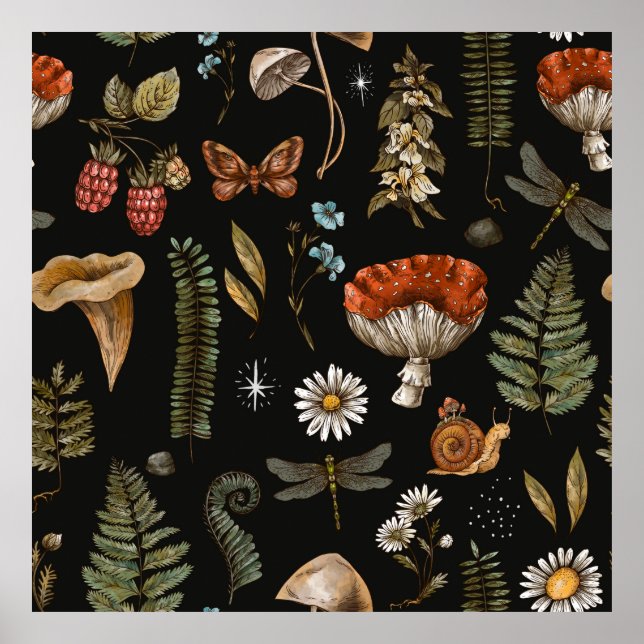Vintage woodland nature seamless pattern. Amanita  Poster (Front)