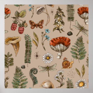 Vintage woodland nature seamless pattern. Amanita Poster