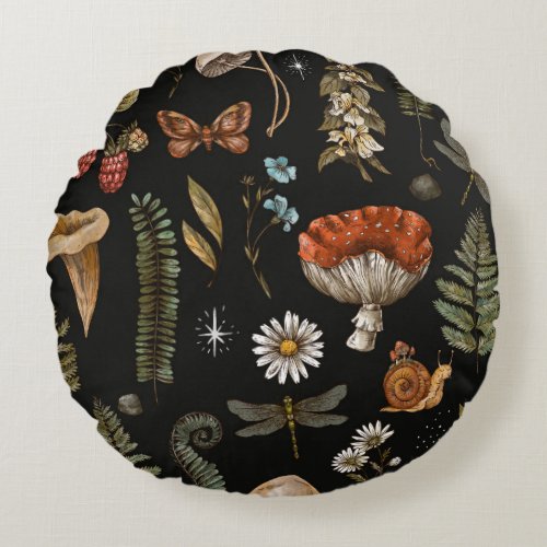 Vintage woodland nature seamless pattern Amanita  Round Pillow