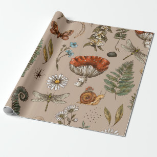Vintage woodland nature seamless pattern. Amanita  Wrapping Paper