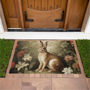 Vintage Woodland Rabbit in a Floral Forest Doormat