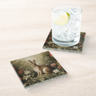 Vintage Woodland Rabbit in a Floral Forest Glass Coaster