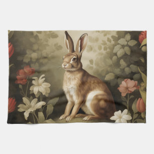 Vintage Woodland Rabbit in a Floral Forest Kitchen Towel