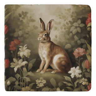 Vintage Woodland Rabbit in a Floral Forest Trivet