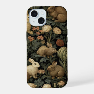 Vintage Woodland Rabbit Pattern Dark Botanical iPhone 15 Case
