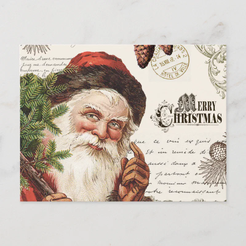 vintage woodland Santa Holiday Postcard (Front)
