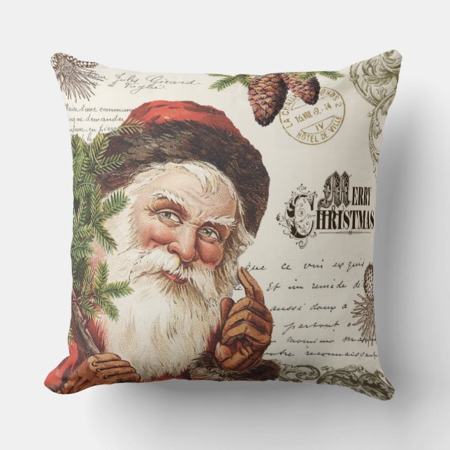 vintage woodland Santa Throw Pillow (Front)