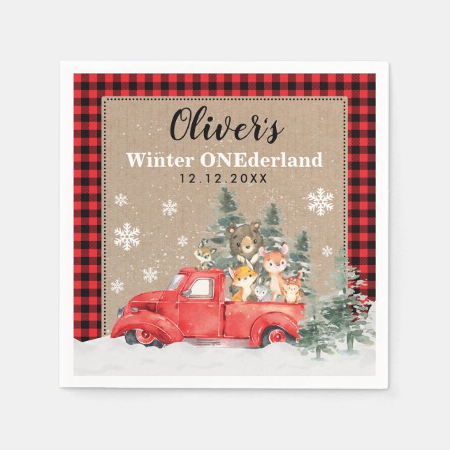 Vintage Woodland Winter ONEderland Animals Party Napkins (Front)