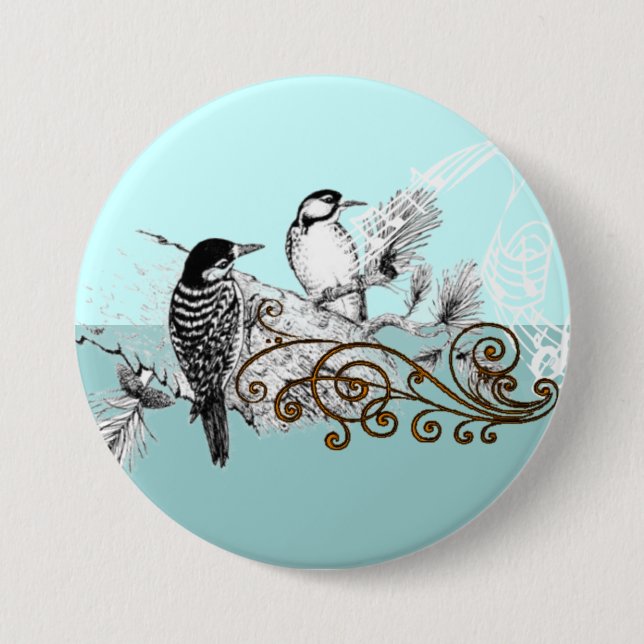 Vintage Woodpecker Wedding Love Birds Pinback Button (Front)